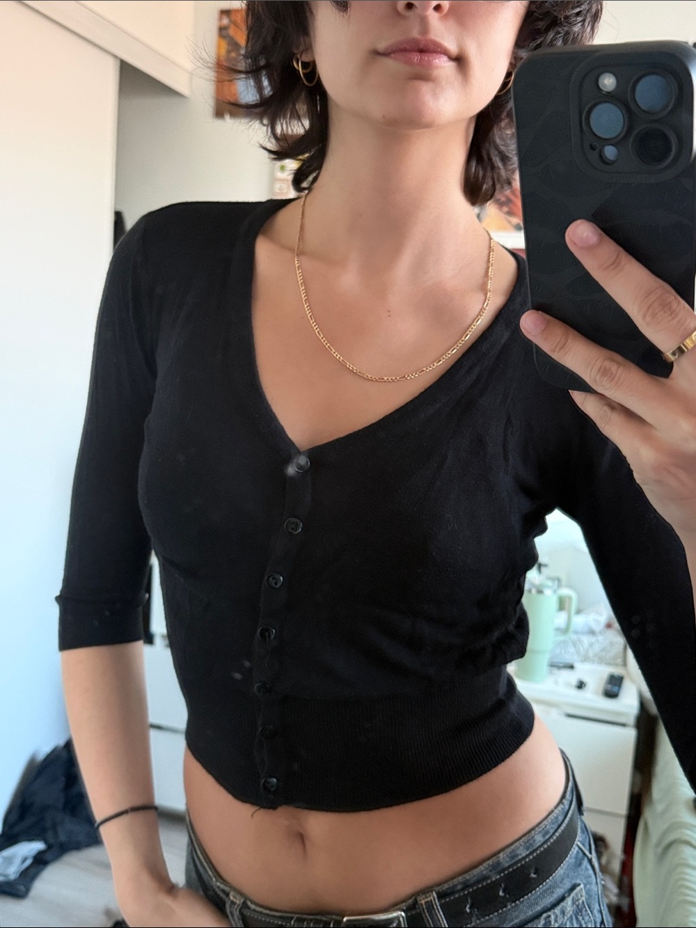 Esprit Black Cropped Button-Down V-Neck Top